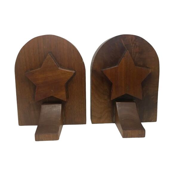 Mid 20th Century Rustic Handcrafted Mahogany Bookends With Star Motif - A Pair - Picture 5 of 13